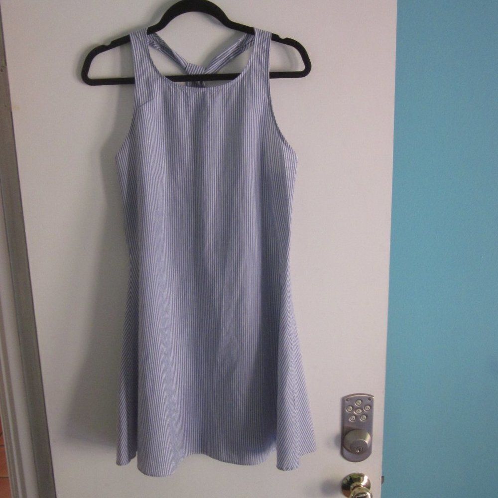 Mavi Size S Sustainable Cotton Summer Mini Dress with Tie Back in Blue Stripe - Picture 5 of 13